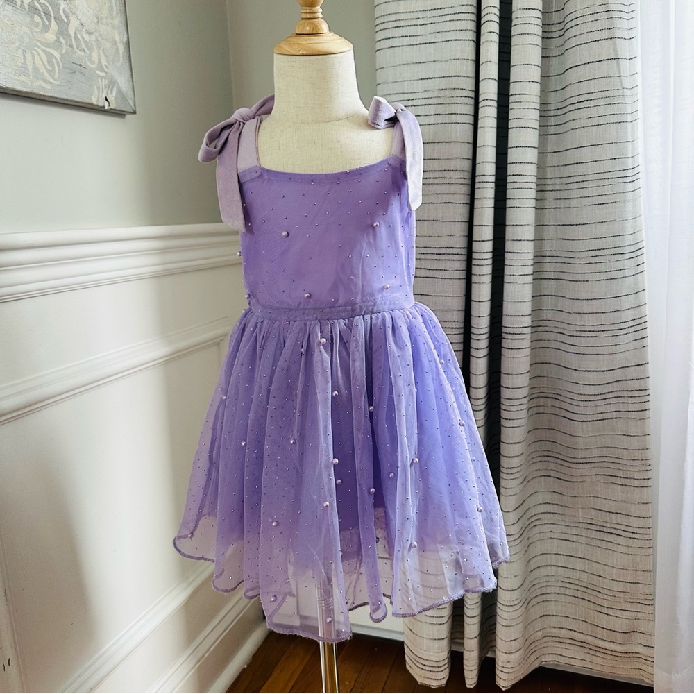 Lola & The Boys Purple Tulle PartyDress w Pearl Accents & Velvet Tie Straps Sz 2